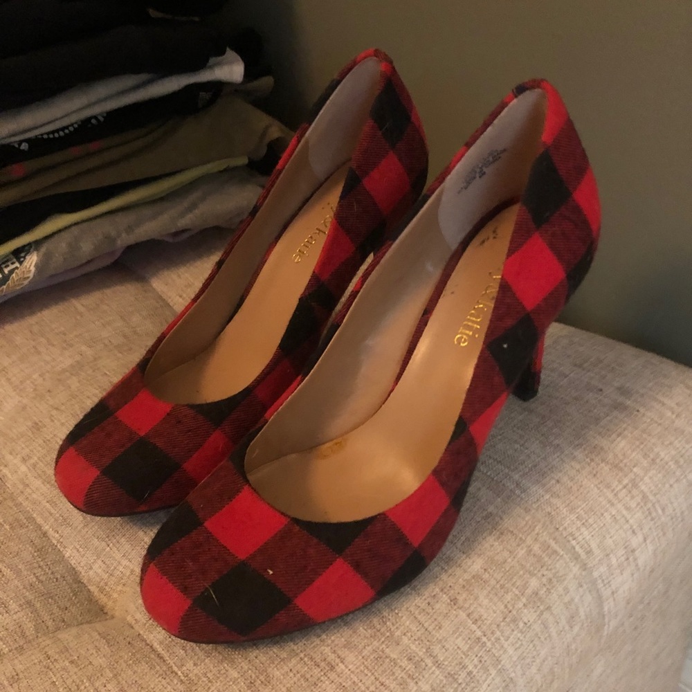 Kelly & Katie Red and Black Buffalo plaid heels